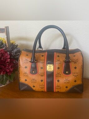 MCM Cognac Visetos Medium Boston Handbag With FREE Wallet